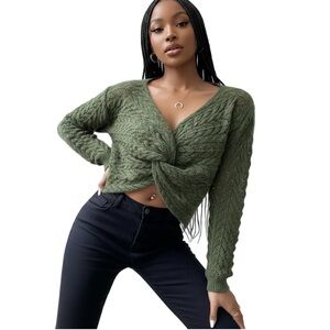 💚 NWT Astr Olive V-Neck Knotted Sweater